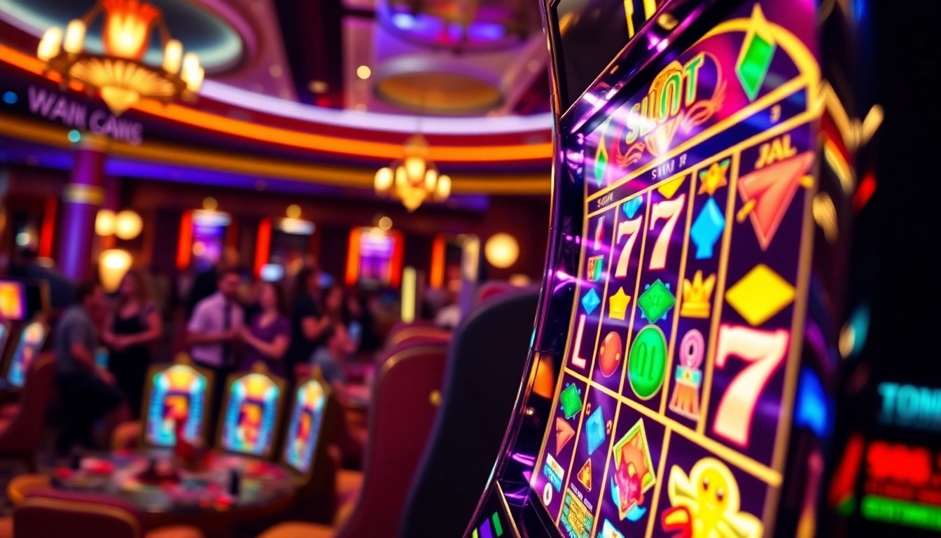 Bermain Slot77 dengan suasana kasino yang meriah dan mesin slot yang menarik.