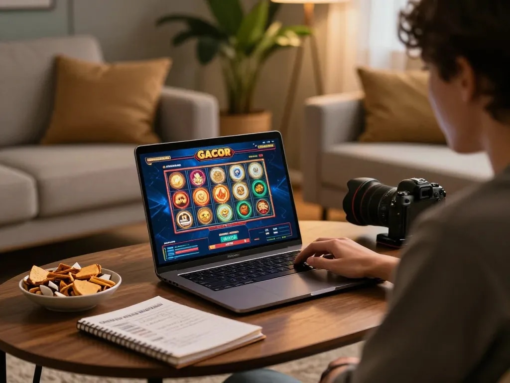 Pemain menikmati sesi slot gacor di laptop dalam suasana rumah yang nyaman, menggabungkan hiburan dan strategi.