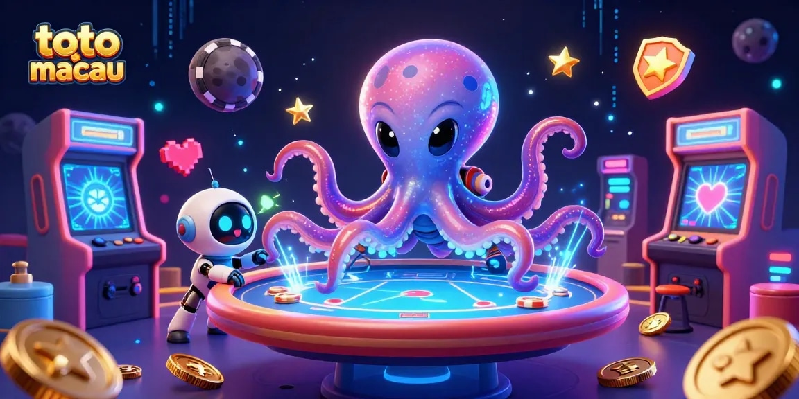 Engage in thrilling gameplay with toto slot macau, featuring alien characters, colorful casino elements, and arcade excitement.