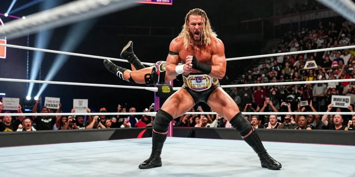 Roman Reigns title reign captured in an electrifying wrestling match atmosphere.