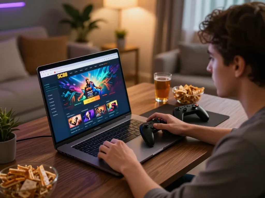 Person engaged in online gaming at SC88, highlighting a dynamic and focused casino atmosphere.