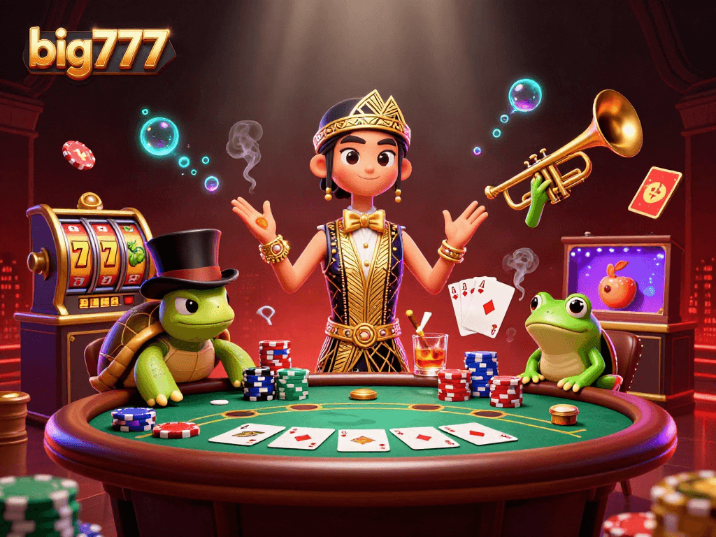 Engage in big777 slots with 3D characters amidst dynamic casino elements in a vibrant scene.