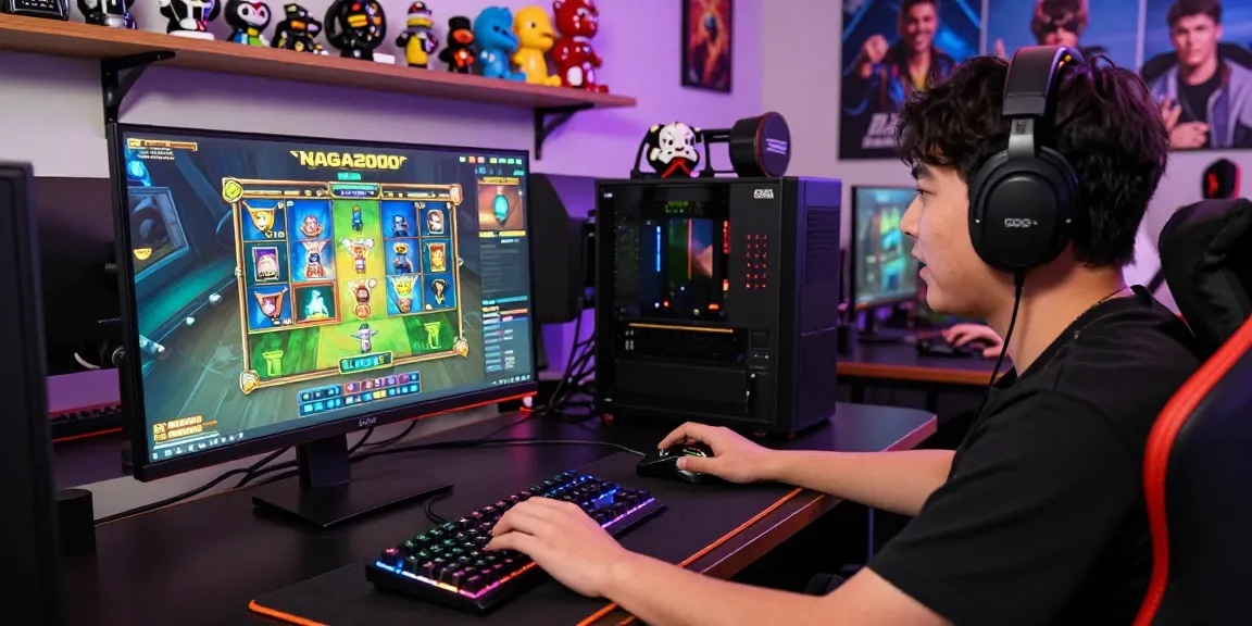 Engaged gamer playing at NAGA2000, showcasing vibrant game graphics and immersive gaming atmosphere.