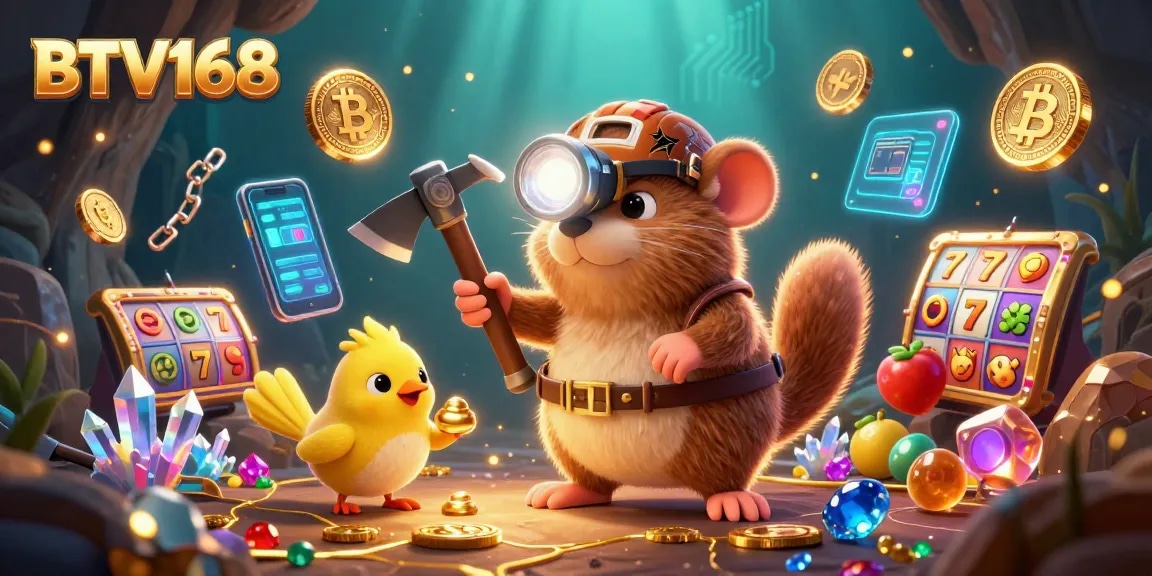 Engage in the thrilling BTV168 casino experience with vibrant slot elements, gold nuggets, and cryptocurrency coins.