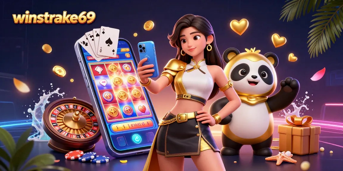 Winstrike69 showcases an Asian woman with golden accents interacting with mobile casino games, surrounded by vibrant gaming elements.