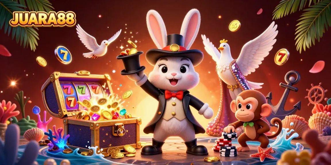 Experience JUARA88 magic with slot reels in a vibrant 3D casino scene featuring whimsical characters.