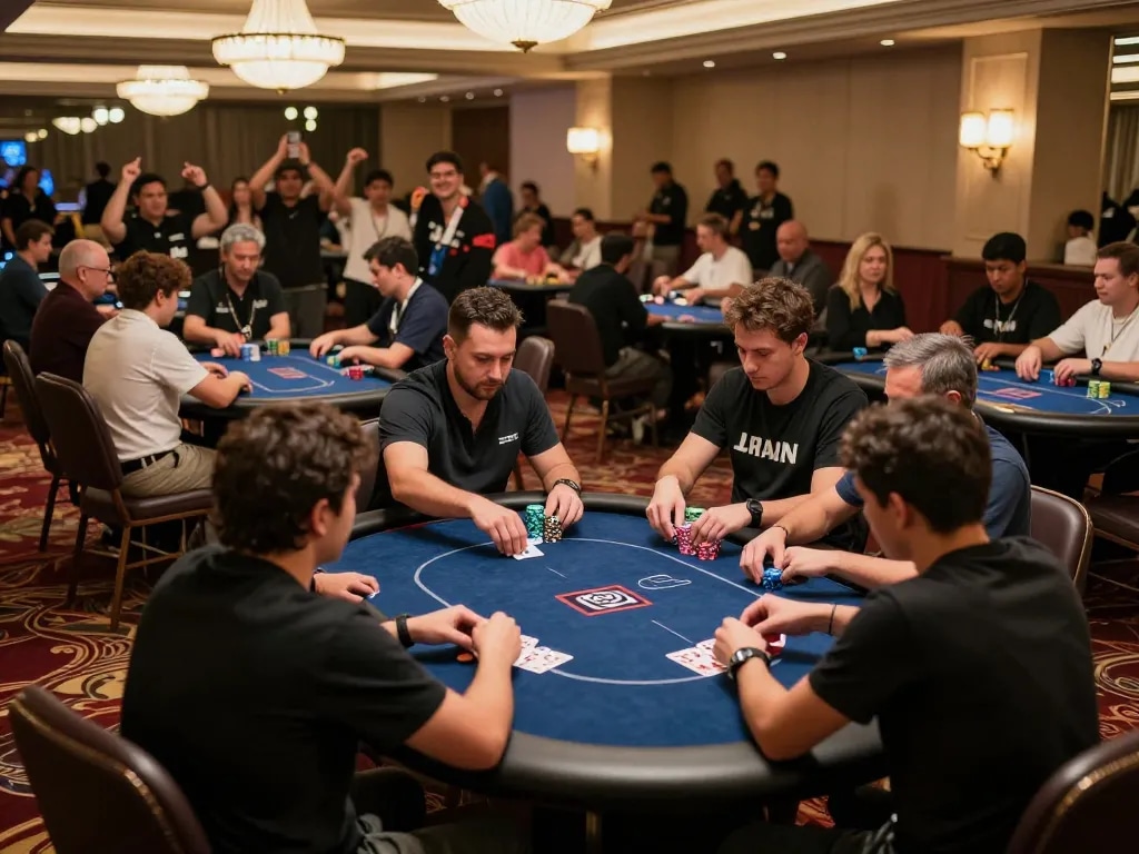 Players strategizing at 8kbet poker tables in a luxurious casino environment.