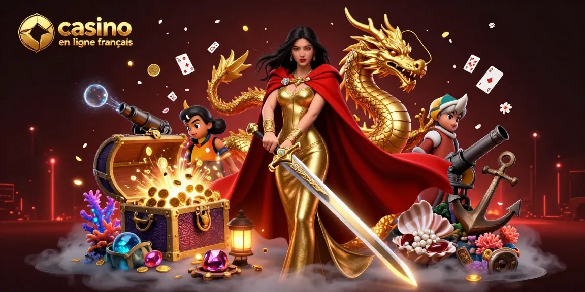 Explorez la scène vibrante du casino en ligne français avec une reine guerrière et un dragon doré au milieu d'éléments de jeu dynamiques.
