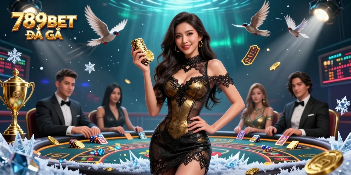 Watch exciting action at 789BET ĐÁ GÀ with a stunning Asian woman at a VIP cockfighting arena.