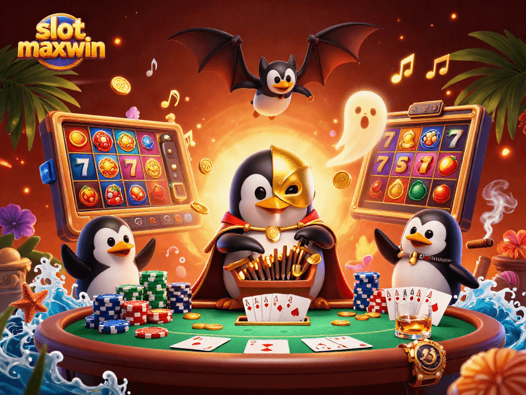 Win big with slot maxwin in this vibrant casino-themed illustration of a penguin playing