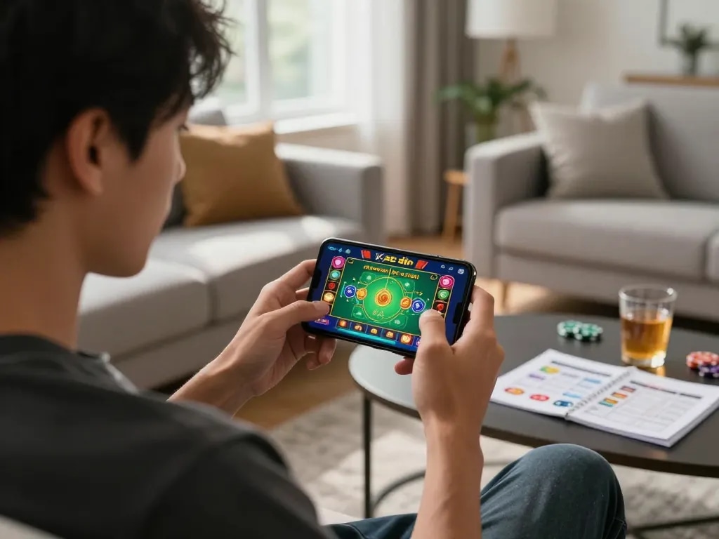Xóc đĩa player engaging in online gaming on their smartphone in a cozy home setting