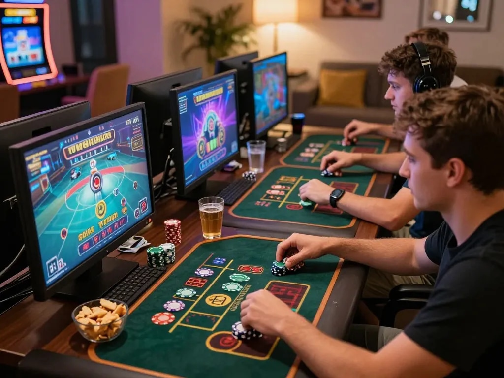Players enjoying interactive games at vt88 online casino, showcasing engaging gameplay with dynamic screens and cozy ambiance.