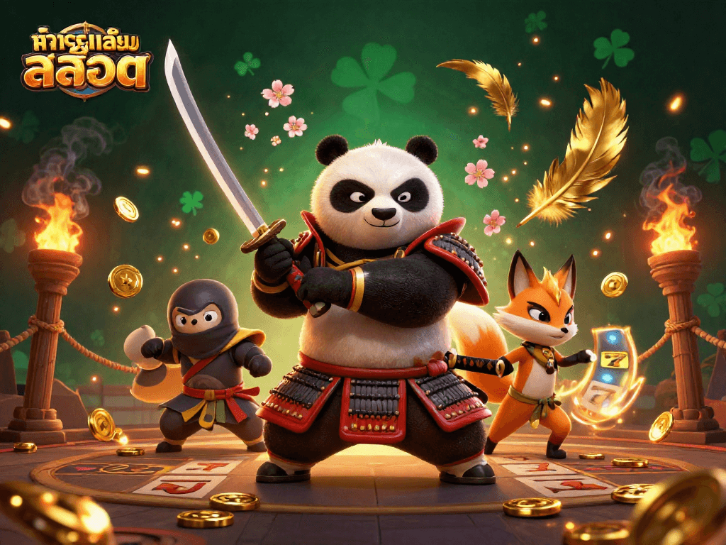Engage in ทดลองเล่นสล็อต while enjoying a vibrant battle scene featuring iconic casino elements.