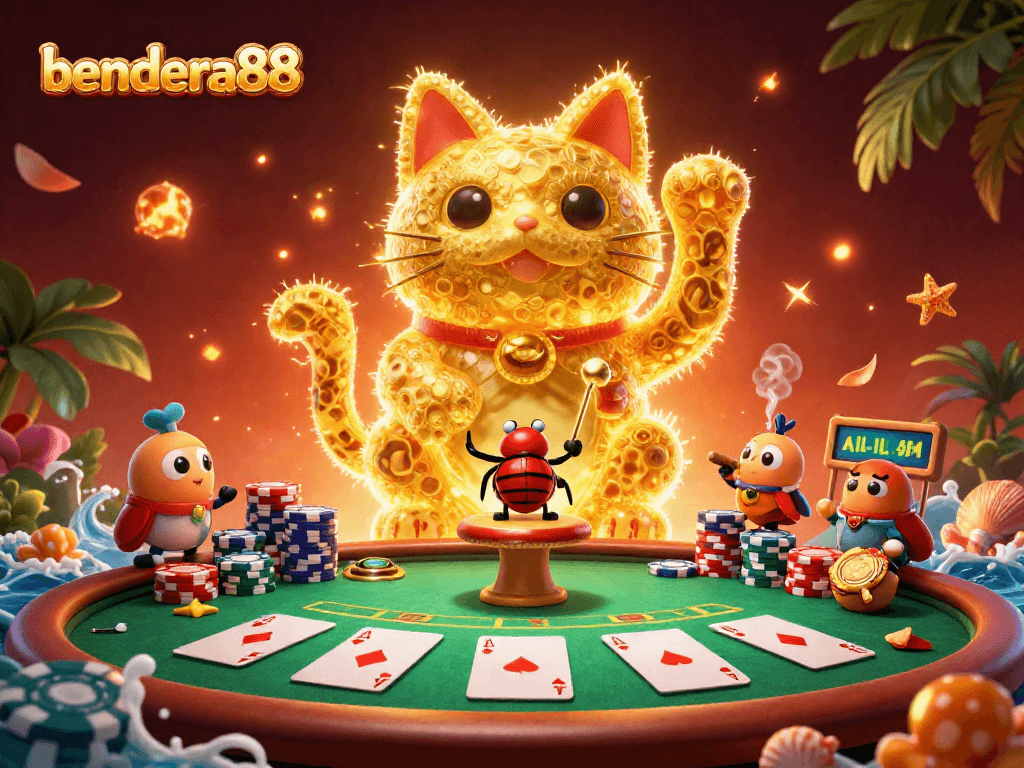 Gambaran bendera88 dengan karakter kucing keberuntungan dan elemen poker yang menarik.