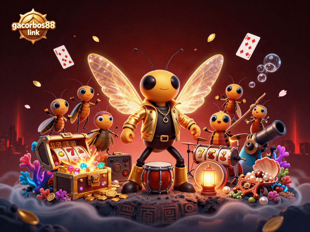 Engage with the gacorbos88 link in a vibrant 3D scene depicting a rock star cicada and casino elements.