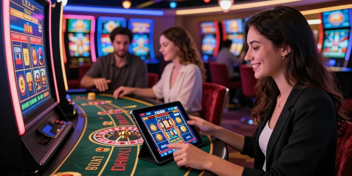 Scène de jeu en ligne captivante de casino en ligne français avec des joueurs engagés dans des interfaces de jeu vibrantes.