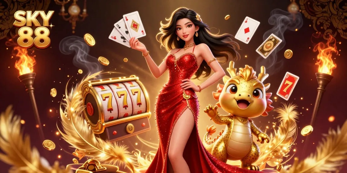 Try your luck with SKY 88, illustrated by a glamorous Asian woman and a cute dragon, in a lively casino setting.
