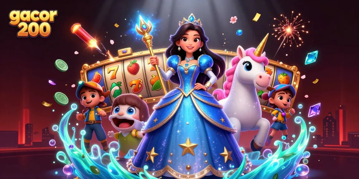 Experience excitement with gacor 200 as a stunning woman in a blue gown and unicorn celebrate slot wins.