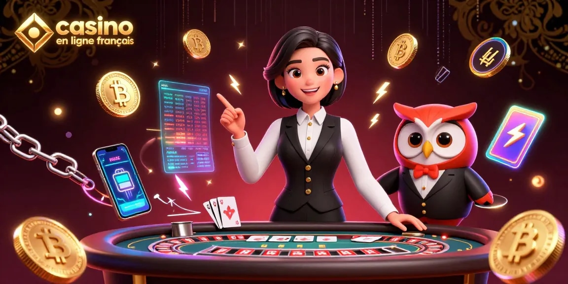 Scène engageante de casino en ligne français avec un croupier, un assistant hibou et des éléments de jeu vibrants.