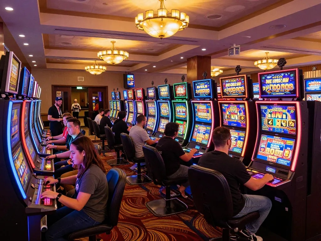 Players excitedly engaging with slot machines in pursuit of slot bonus new member 100