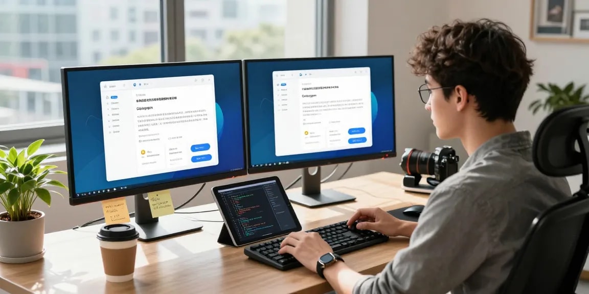 A young developer coding in a modern workspace, demonstrating telegram中文 on dual monitors for effective app development.