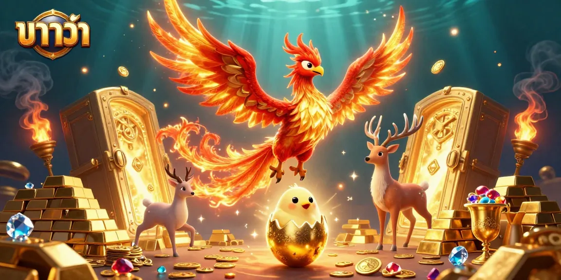 Experience exciting บาคาร่า gameplay with a fire phoenix, jewels, and golden elements.