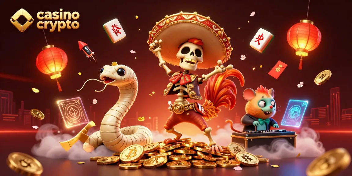 Vivi l'emozione del casino crypto con un gallo mariachì danzante affiancato da una mummia e un DJ hamster.