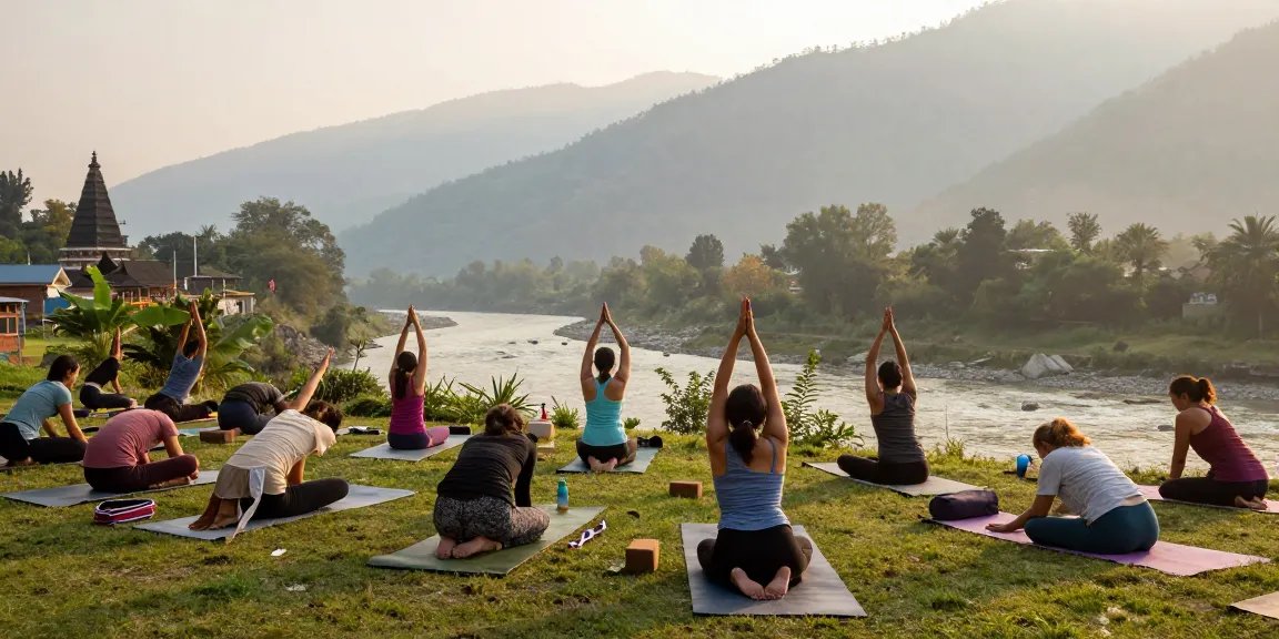 Yoga teacher training in Rishikesh India with students practicing yoga at dawn by the Ganges River, surrounded by lush mountains.