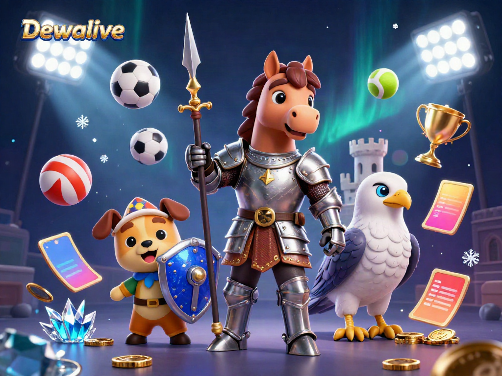 Dewalive platform showcases action-packed gaming with knights, sports elements, and vibrant details.