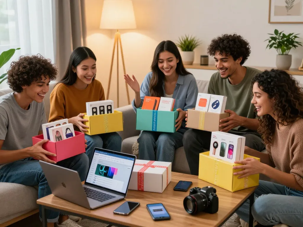 E-commerce retail gathering with friends unboxing trendy products from https://hubet88.icu/ in a cozy living room.