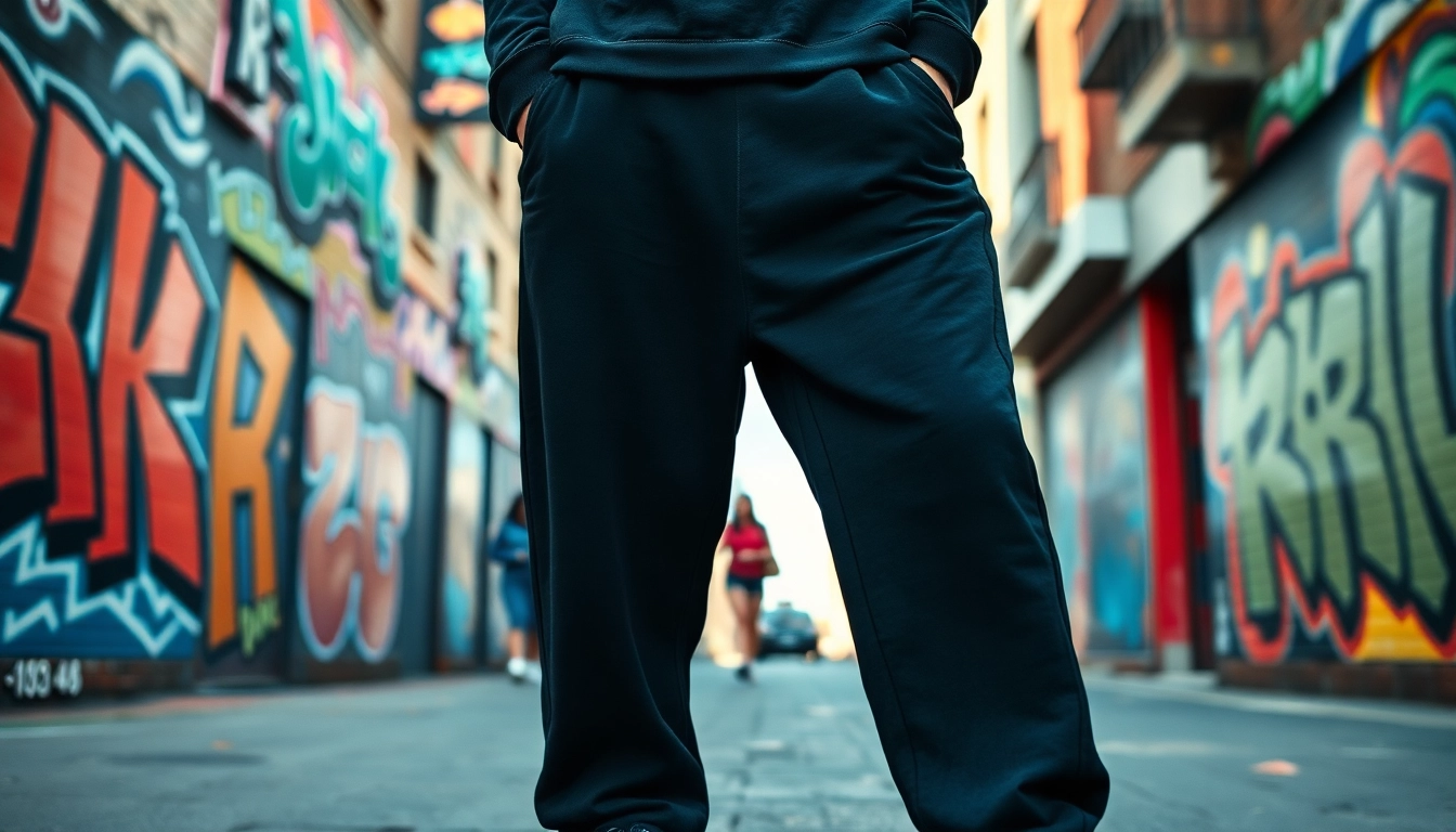 Model showcasing black baggy sweatpants against a vibrant urban backdrop.