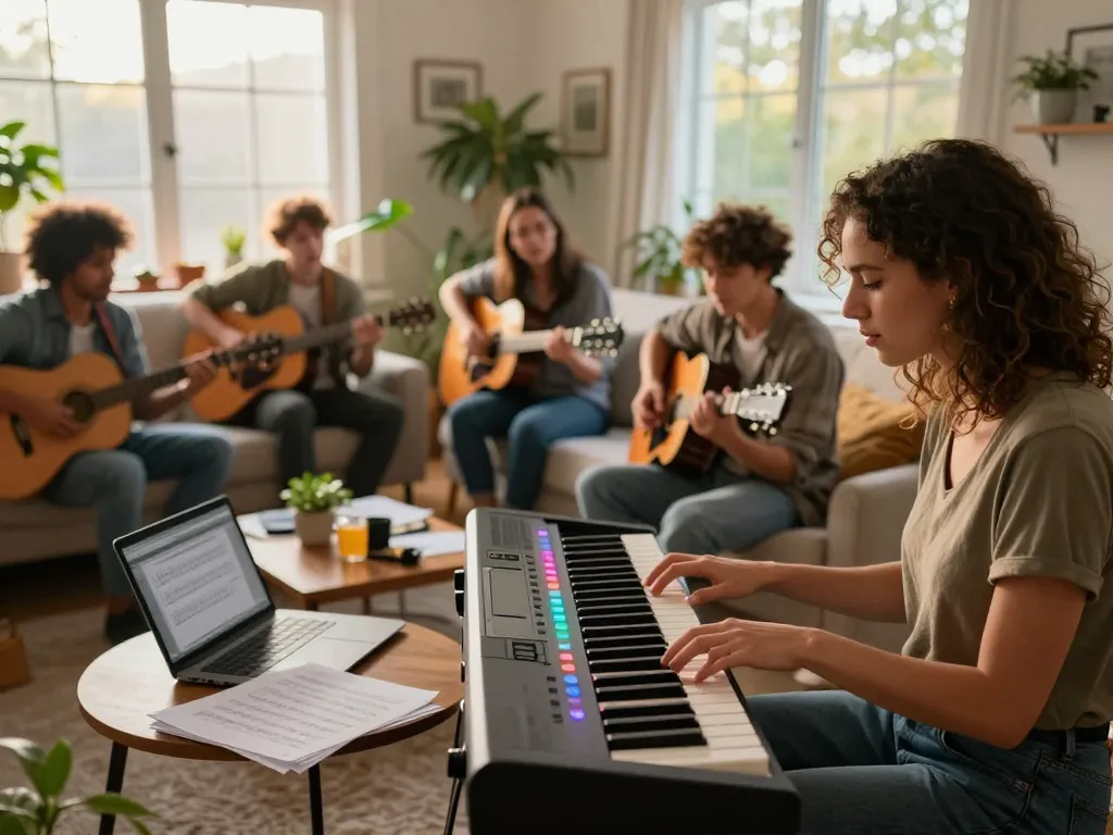 Young adults enjoying a musical jam session with go 88 keyboards in a cozy living room.