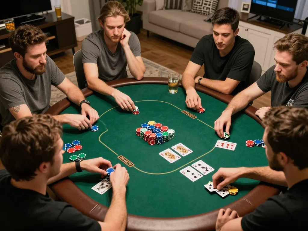 Players enjoy a Texas Hold'em game during a home poker night, embodying the spirit of F8beta2 ink.