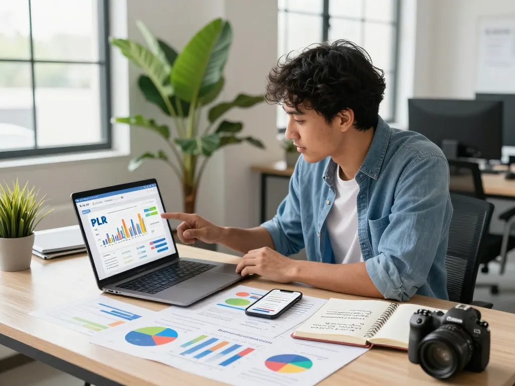 Analyzing PLR Digital Products for Sale at a modern workspace with charts and a laptop.