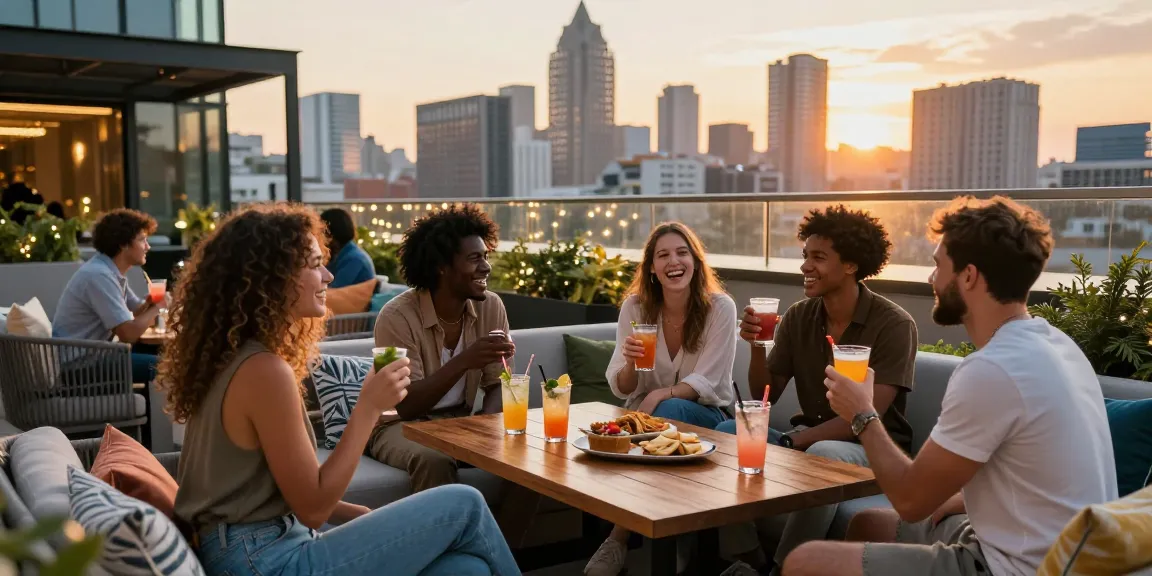 Friends enjoying vibrant rooftop gathering with rokok88 drinks and skyline view.