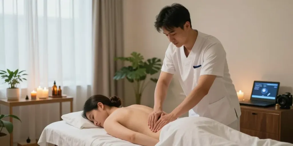 충주오피 전문 마사지 서비스 환경에서 고객에게 마사지를 제공하는 모습