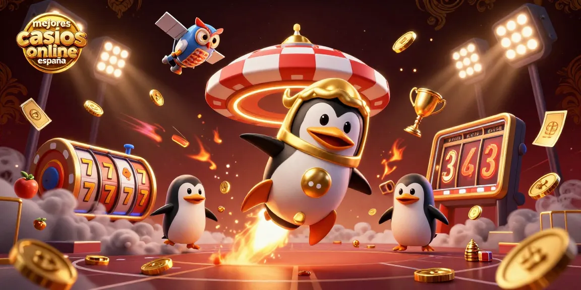 Juega en los mejores casinos online España con una ilustración destacada de un pingüino dorado y elementos de tragamonedas.