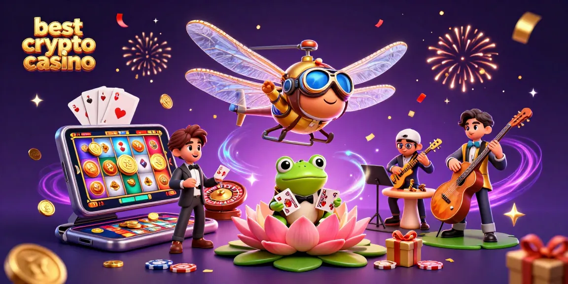 Jouez au meilleur crypto casino avec une illustration dynamique de jeux et bonus en crypto.