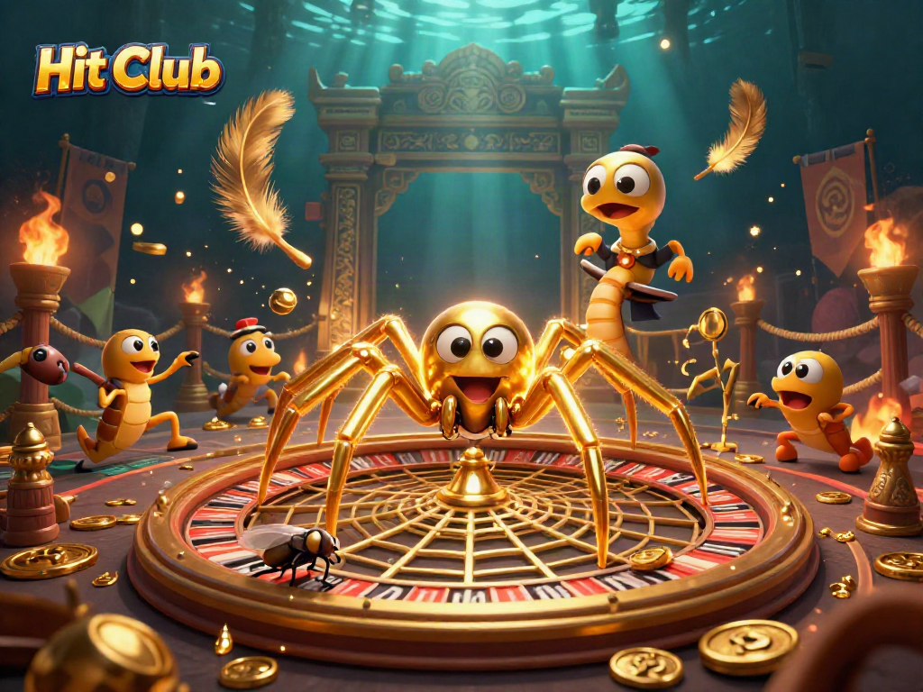 Engage in thrilling bets at the Hit Club with a golden spider spinning a roulette wheel web.
