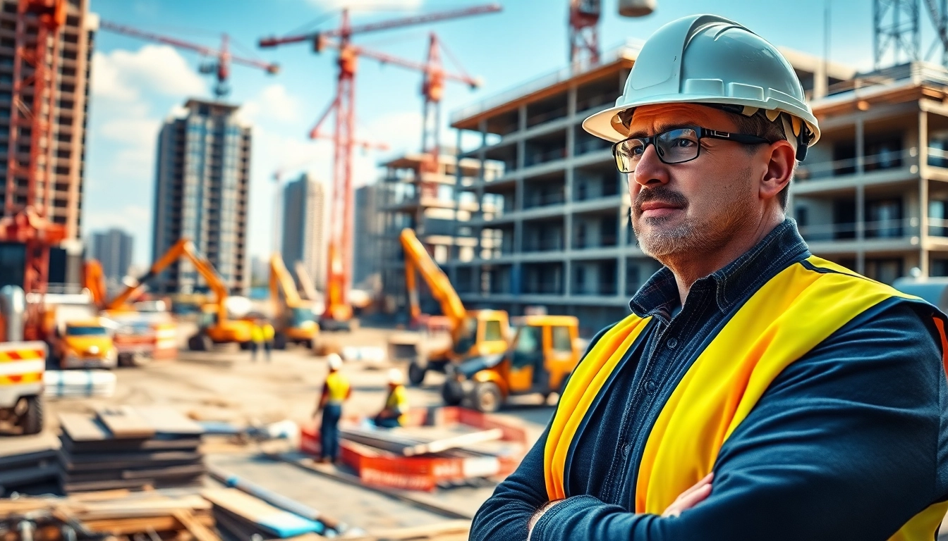 New York General Contractor supervising an active construction site with cranes and workers.
