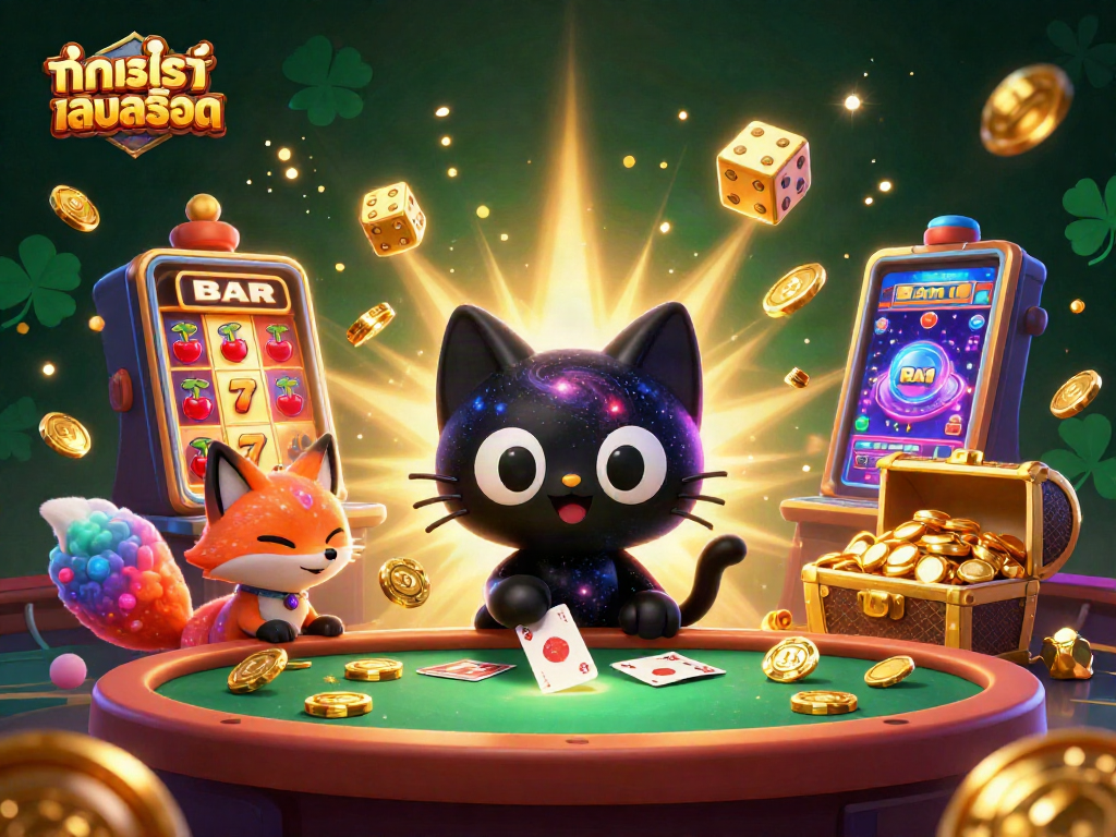 Engage with ทดลองเล่นสล็อต in a vibrant cosmic casino with animated characters and thrilling game elements.