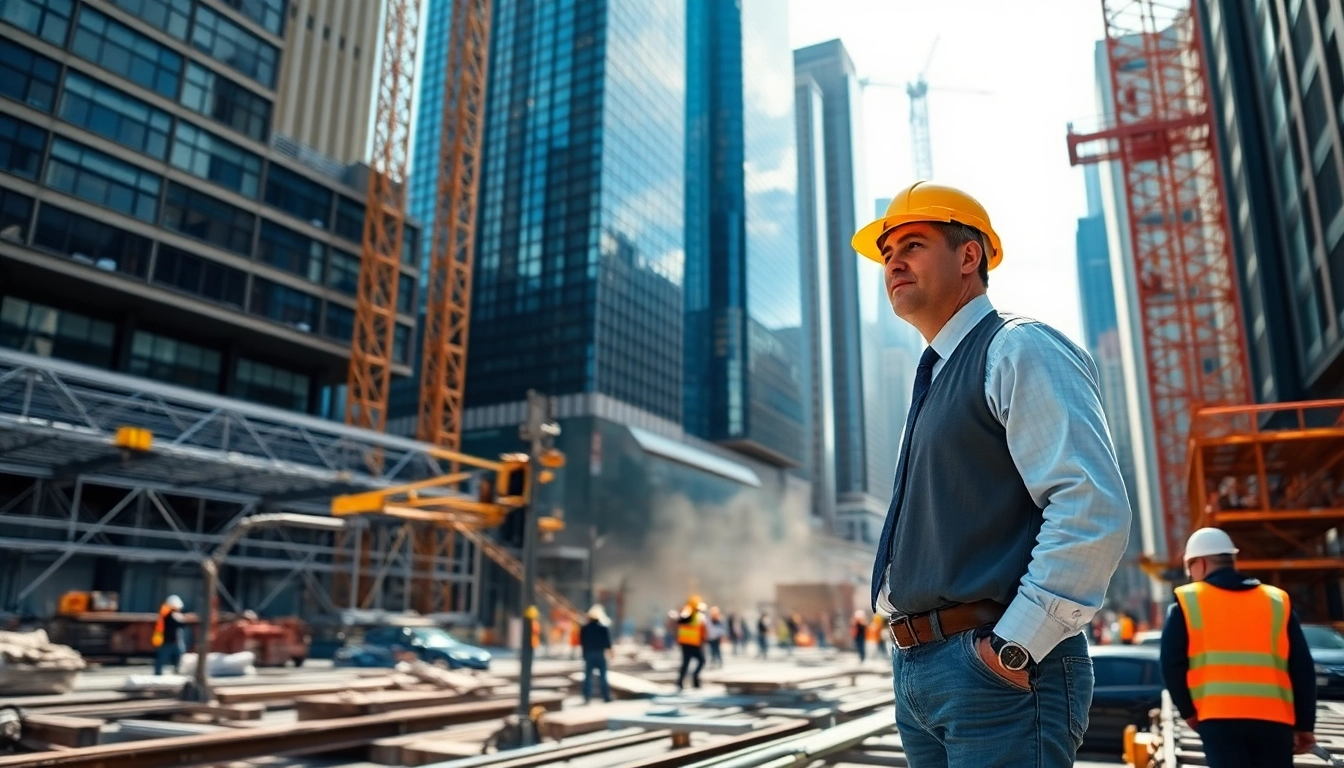 New York City Construction Manager leading a bustling urban construction project, showcasing teamwork and high-rise buildings.