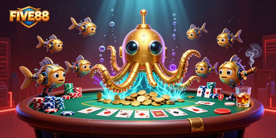 Engage with FIVE88 while enjoying thrilling poker action amidst glimmering gold and playful characters.