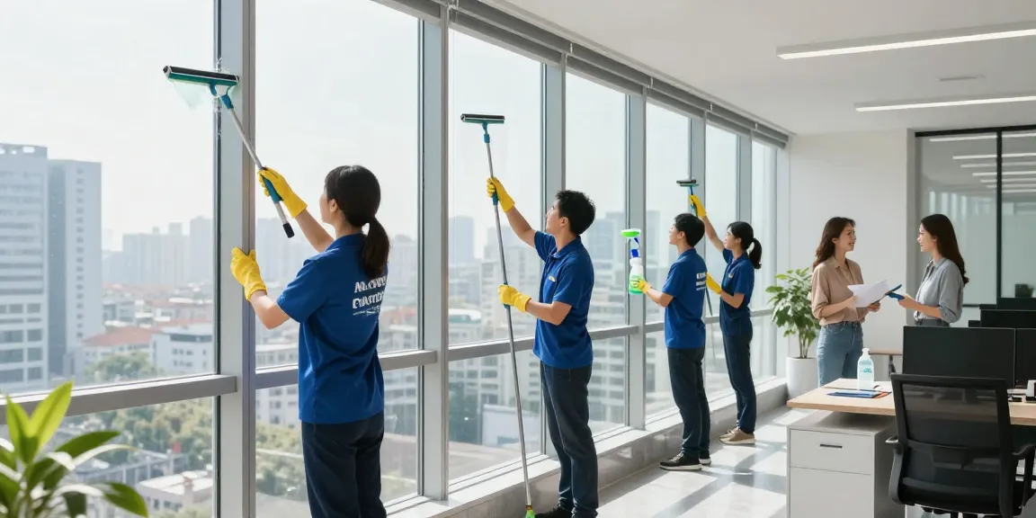 Professionelle Glasreinigungsfirma Dortmund reinigt Fenster und Rahmen in modernem Büro mit umweltfreundlichen Produkten.