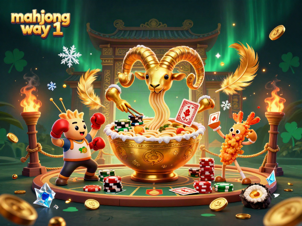 Win big with mahjong way 1 in this dynamic casino scene featuring a golden ramen bowl and exciting elements.