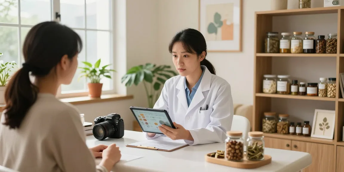 Dedicated practitioner at 수원한의원 engaging with patient about personalized herbal medicine in a welcoming clinic.