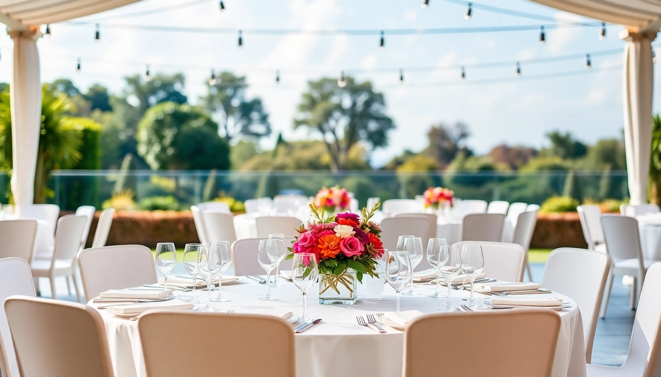 Showcased Table & Chair Rentals in an elegant outdoor event setup with floral arrangements