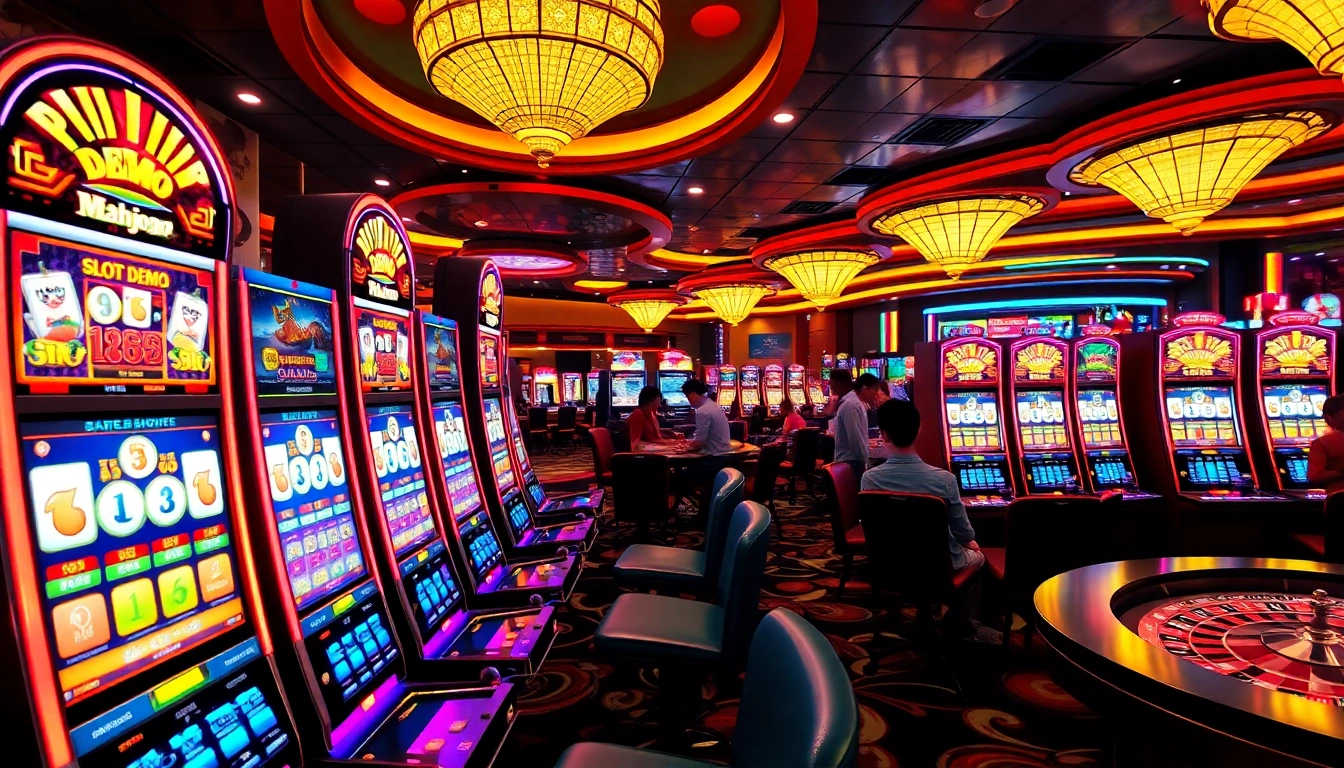 Experience the excitement of 'slot demo mahjong' at a vibrant casino, with players engaged at colorful slot machines and roulette tables.
