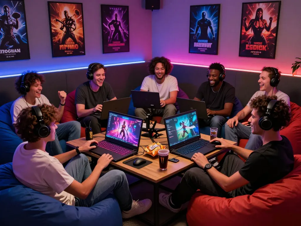 Group of gamers immersed in a new real porn game in a vibrant gaming lounge.