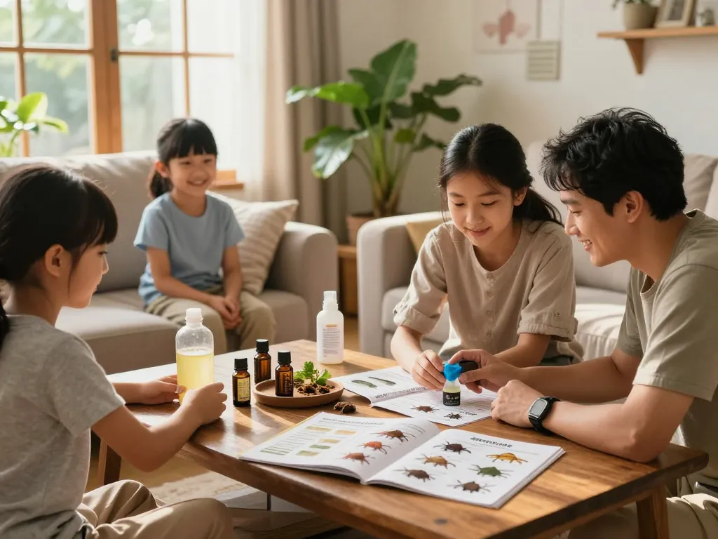 Pest prevention techniques demonstrated in a cozy home living room with a family using natural DIY solutions.